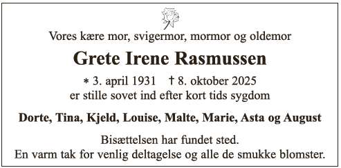 Grete Irene Rasmussen - takkeannonce