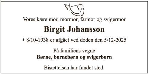 Dødsannonce - Birgit Johansson