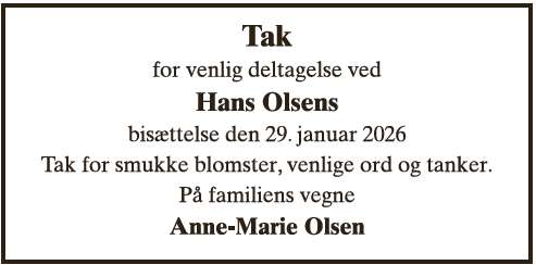 Hans Olsen - Takkeannonce