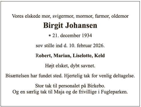 Birgit Johansen - takkeannonce