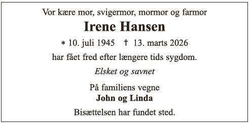 Dødsannonce - Irene Hansen