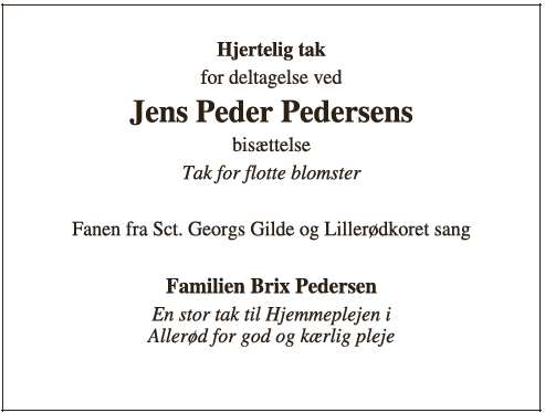 Jens Peder Pedersen - taksigelse