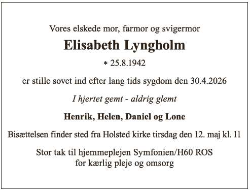 Dødsannonce - Elisabeth Lyngholm