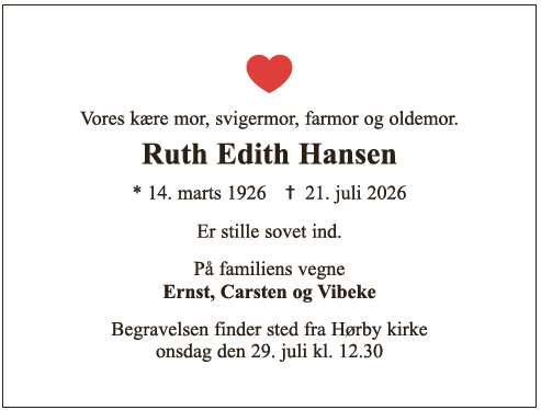Dødsannonce - Ruth Edith Hansen