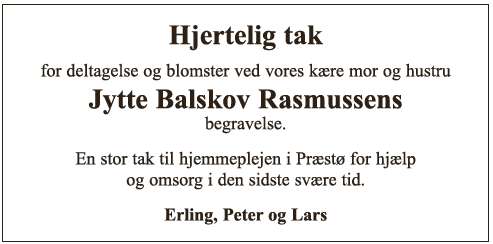 Jytte Balskov Rasmussen - takkeannonce