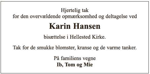 Karin Hansen - takkeannonce