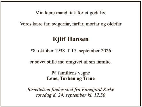 Dødsannonce - Ejlif Hansen