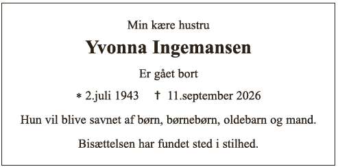 Dødsannonce - Yvonna Ingemansen
